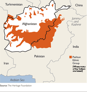 Map of Afganistan and Taliban strongholds